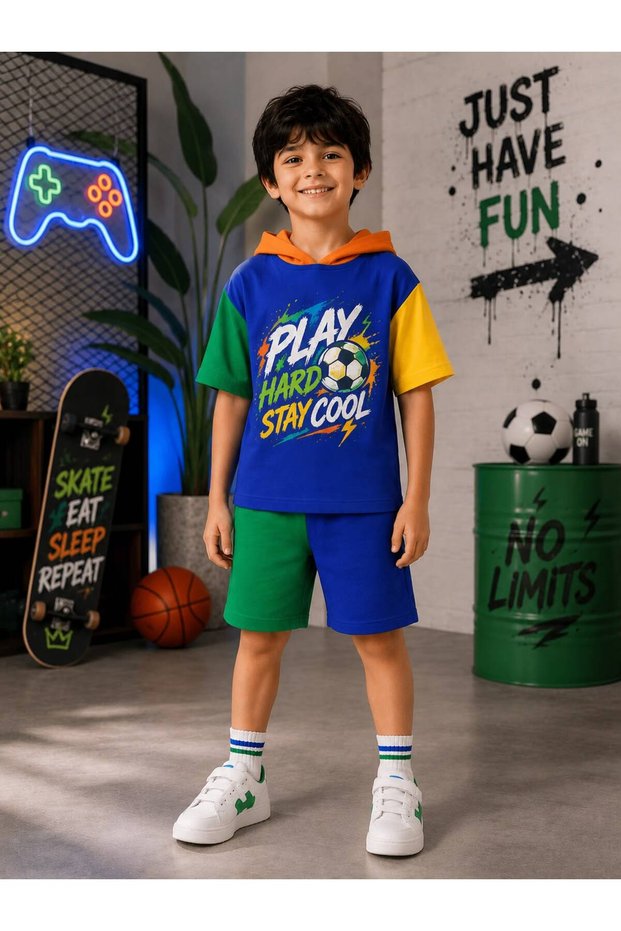Stay Cool Top Printed Piece Navy Blue-Yellow-Green Orange Hooded Top and Bottom Set