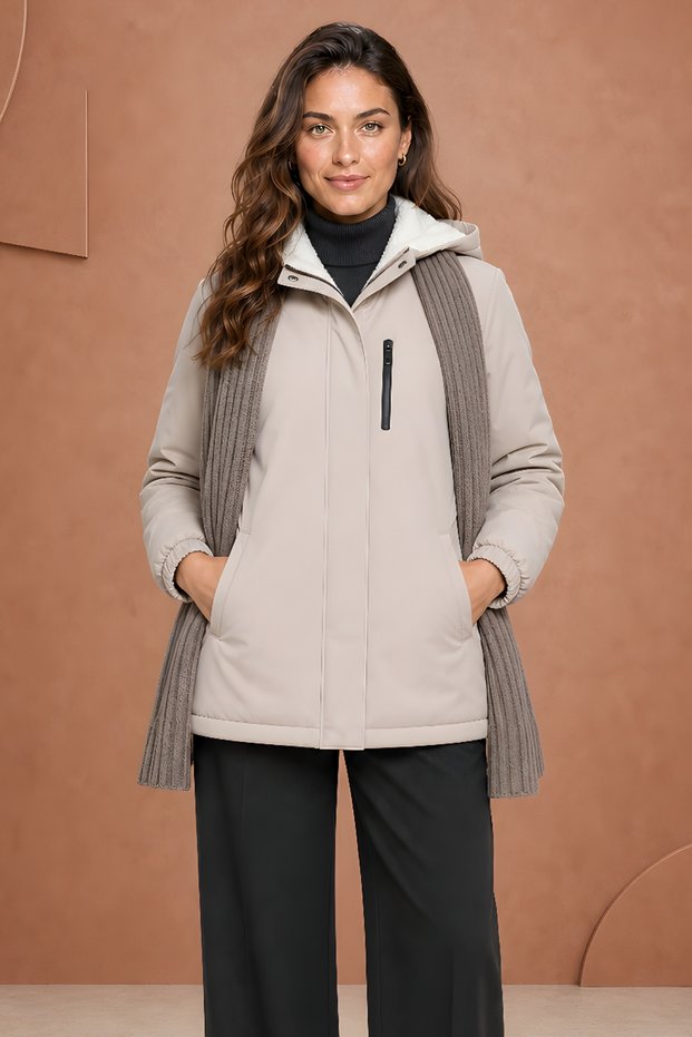 Women's Fur-Trimmed Hooded, Elastic Waist, Winter Coat