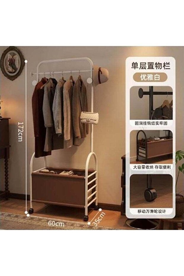 Elegant White Garment Rack with Spacious Storage Basket, 172cm Tall and 60cm Wide Design, Smooth Rolling Wheels, Durable Metal Construction, Multifunctional Clothing Organizer for Bedroom, Dressing Ar