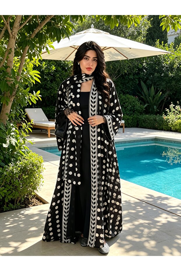 طقم عباءة مزين بنقاط البولكا دوت مع تطريز دانتيل (يشمل غطاء الرأس)