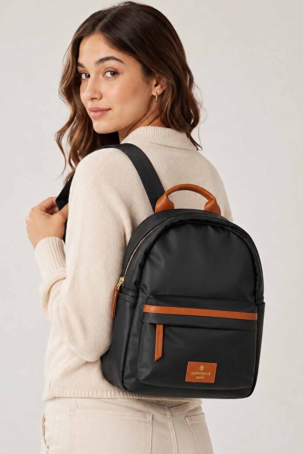 Basics Women's Black Backpack with Tan Detail Daily Zipper Bag 33X30X12 cm
