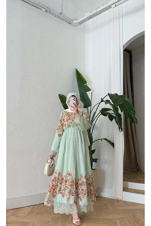 Printed Lace Detailed Dress with Tunnel-Lined Waist
