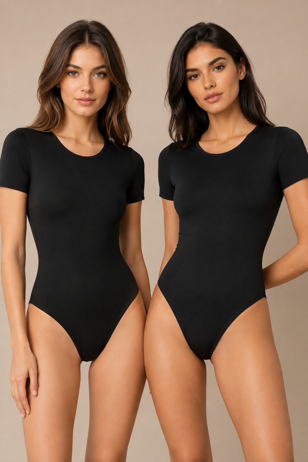 Women's Crew Neck Short Sleeve 95% Cotton Stretch Bodysuit 2-Piece Black