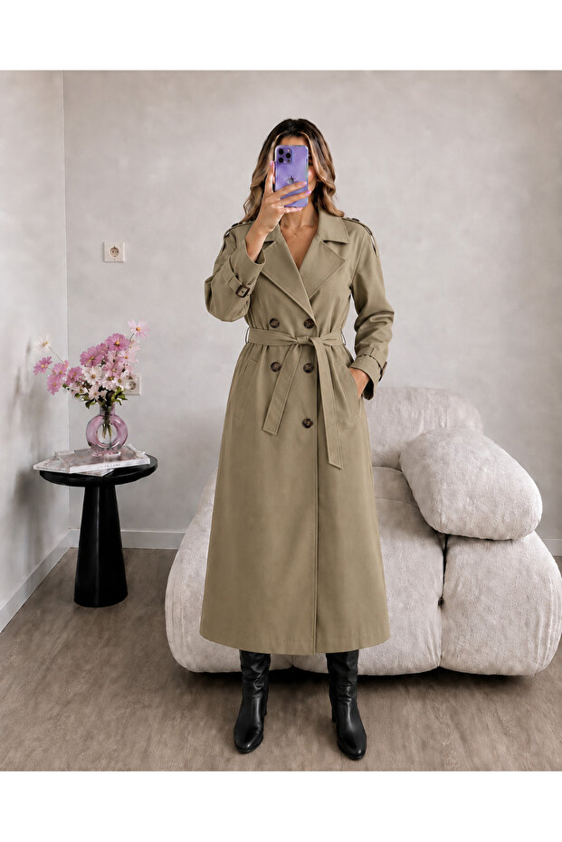 Lined Buttoned Belted Long Trench Coat