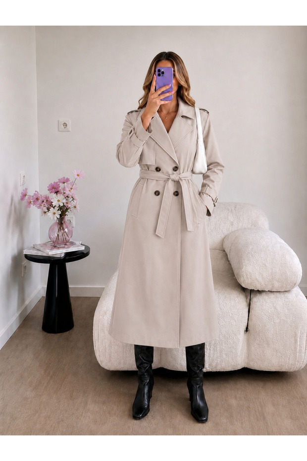 One-Shoulder Cloak Long Trench Coat with Buttoned Belt