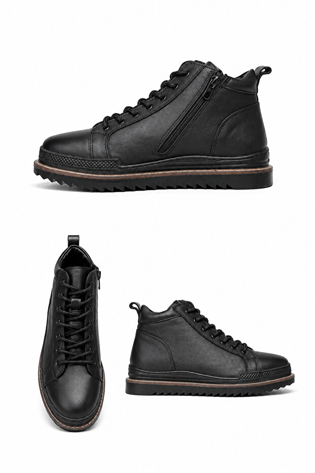 Men's Black Lace-Up Zippered Thick Sole City Boots Casual Ankle Boots