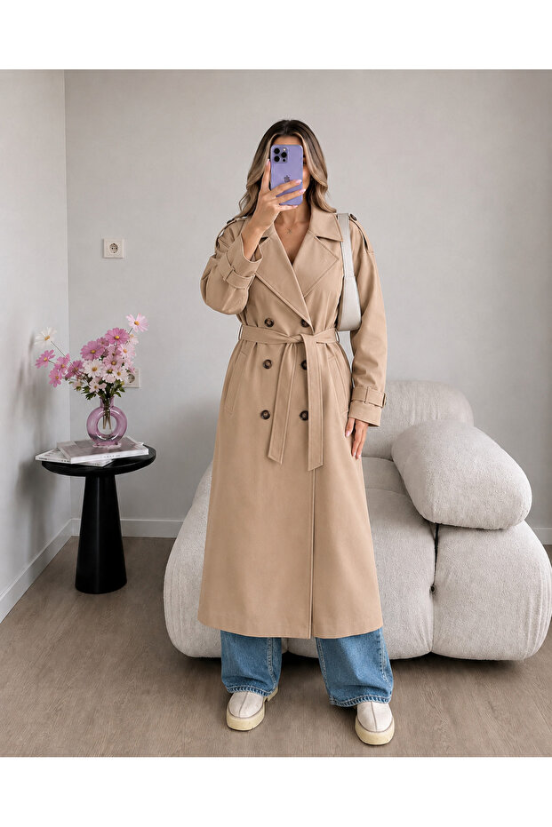 Lined Buttoned Belted Long Trench Coat