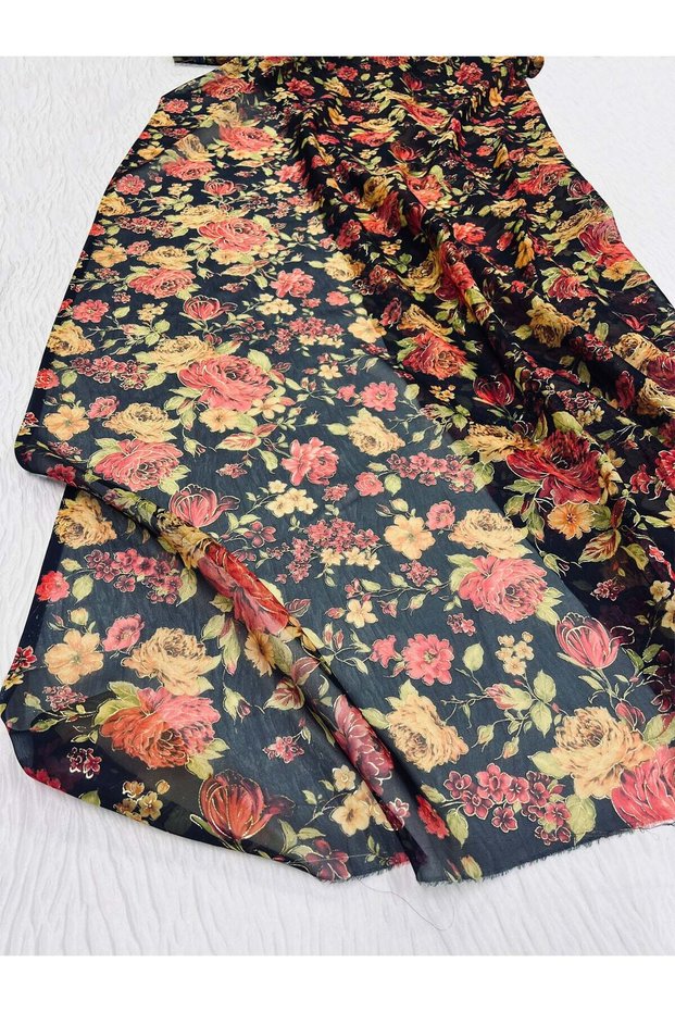 Patterned Chiffon Fabric - Red Yellow Rose Floral Pattern
