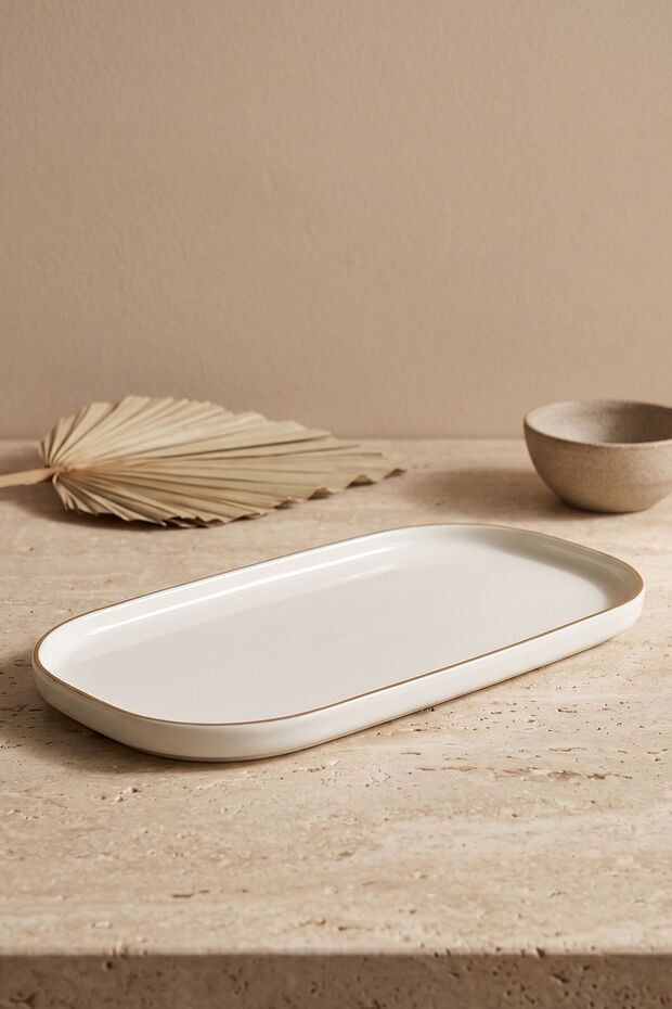 Modern Gold Gilded Cream Porcelain Boat Serving Plate 30 cm
