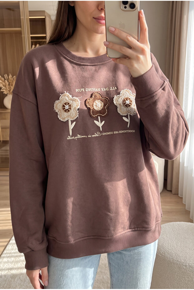 Brown 100% Cotton Bead Embroidered Sweatshirt