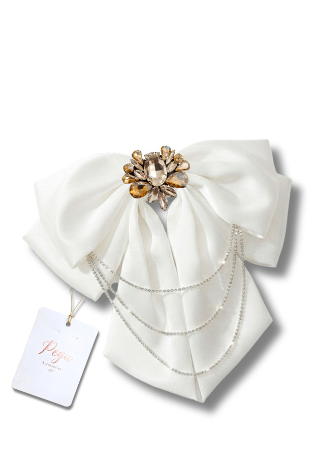 Royale, White Satin Ribbon Bow Hair Clip, Automatic Hair Clip. Preschool, School, Elementary School, Children's and Youth Buckle Accessories, Wedding Engagement Celebration Invitation Evening Dresses.