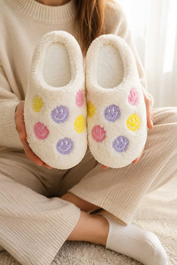 Women'S, Colorful, Smiley Patterned, Non-Slip Sole, Soft, Plush House Slippers