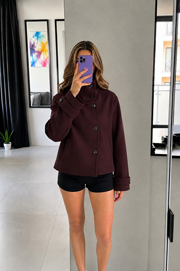 High Collar Buttoned Cashmere Jacket