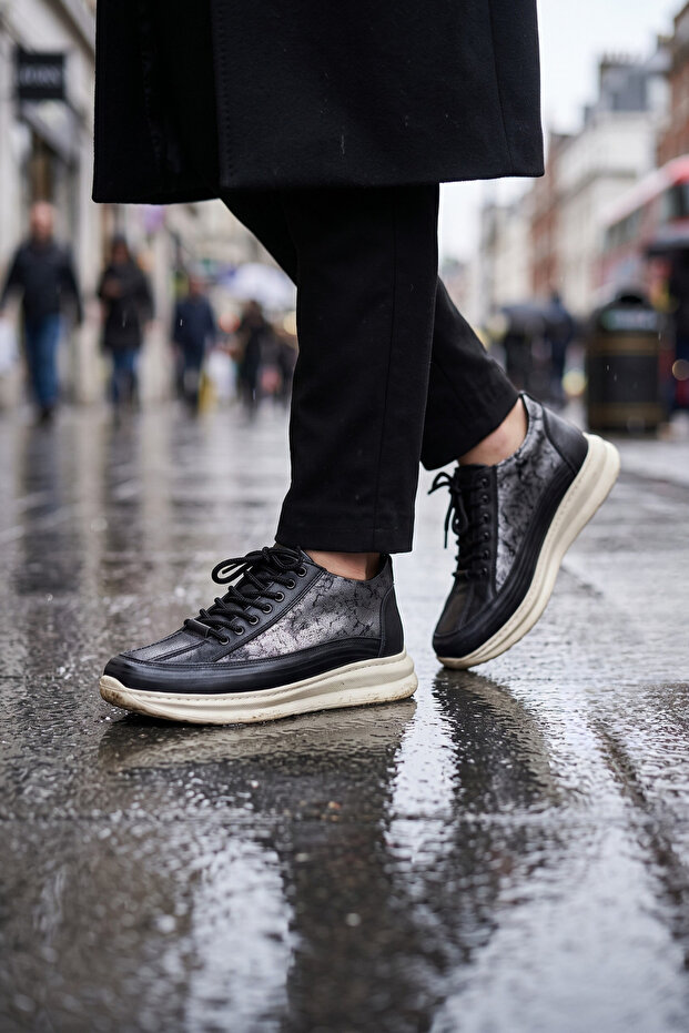 Men's Black Daily Sneaker Shoes Thick Sole Lace-Up Casual Model