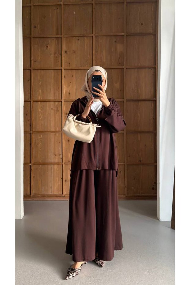 Women's Hijab Zippered Double Set, Loose Cardigan, Loose Trousers, Suitable for Daily Wear, Oversize, Comfortable Fit