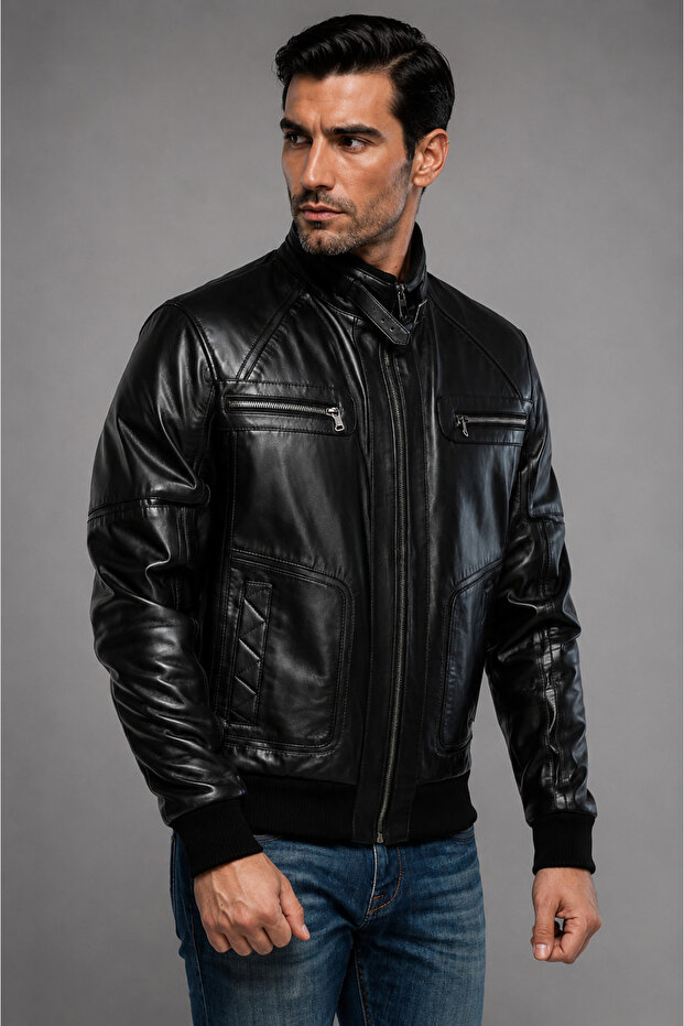 Men's Real Leather Coat with Elastic Band