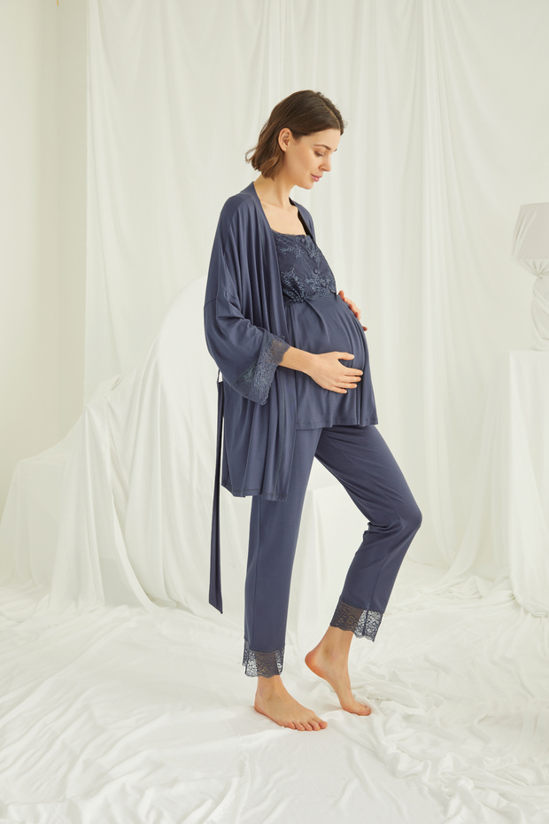 Lace Front Buttoned Maternity 3-Piece Pajamas Set