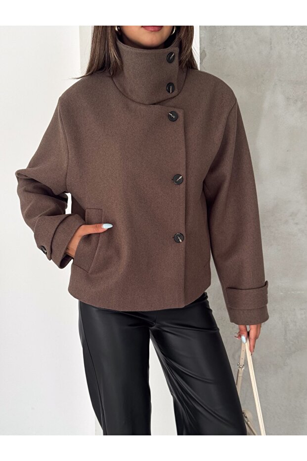 Buttoned Cashmere Jacket with High Collar
