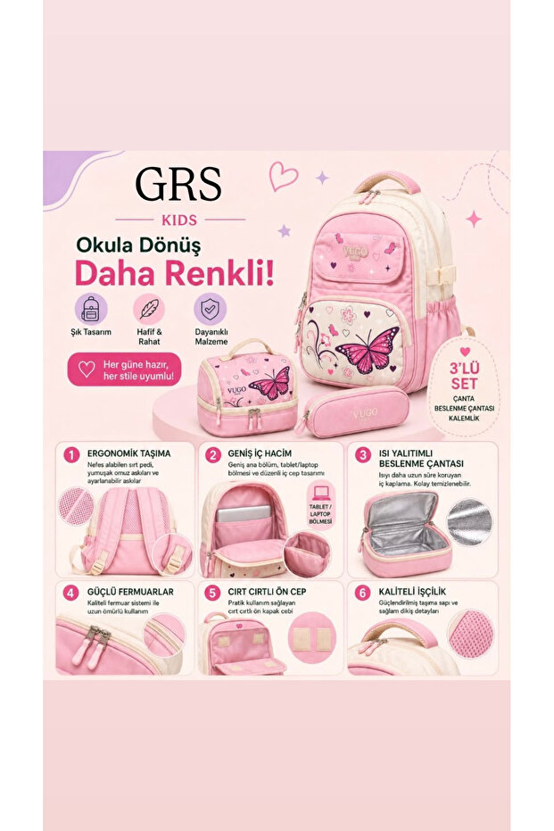 Girl's Pink Butterfly Patterned 3-Piece School Backpack