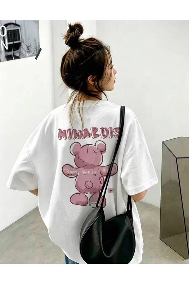 Women's Minaruis Happy Smiley Pink Bear Printed T-Shirt