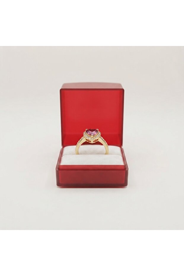 Gift Heart-Shaped Zircon Pink Stone Ring – Yellow Lacquer Coating – Boxed