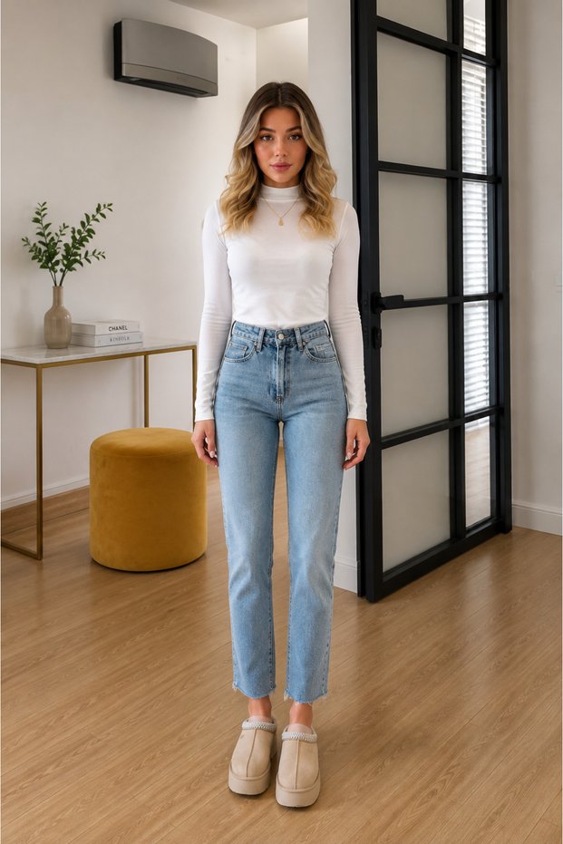 Women's High Waist Straight Cut Lycra Jean Trousers