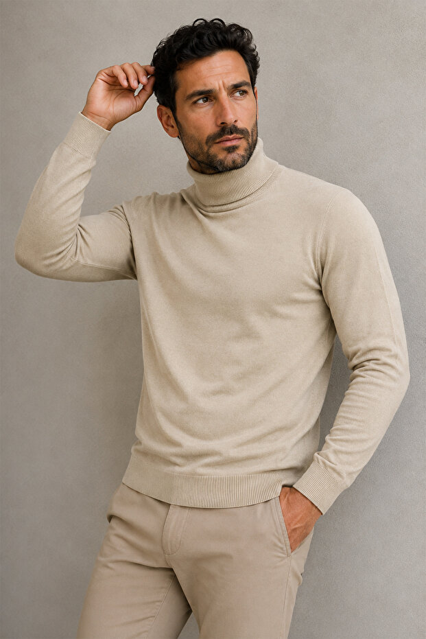 Men's 100% Cotton Half Turtleneck Sweater Long Sleeve Relaxed Fit Basic Knitwear Sweater