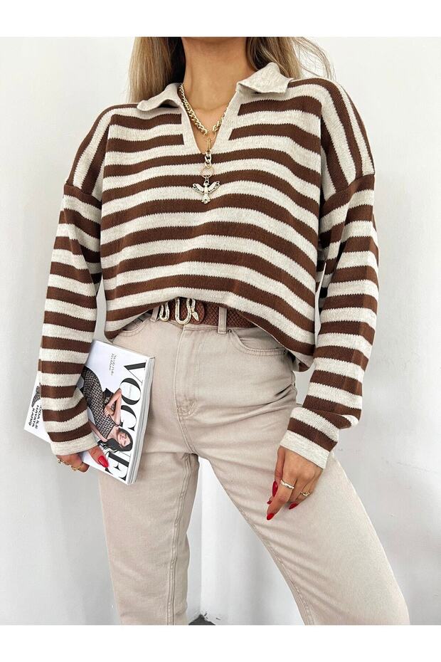 Women's Brown Beige Polo Collar Striped Long Sleeve Knitwear Sweater