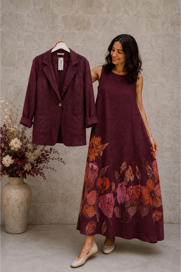 Women's Original Italian 100% Linen Fabric Patterned Long Sleeve Jacket and Thick Strap Dress Set 44-46