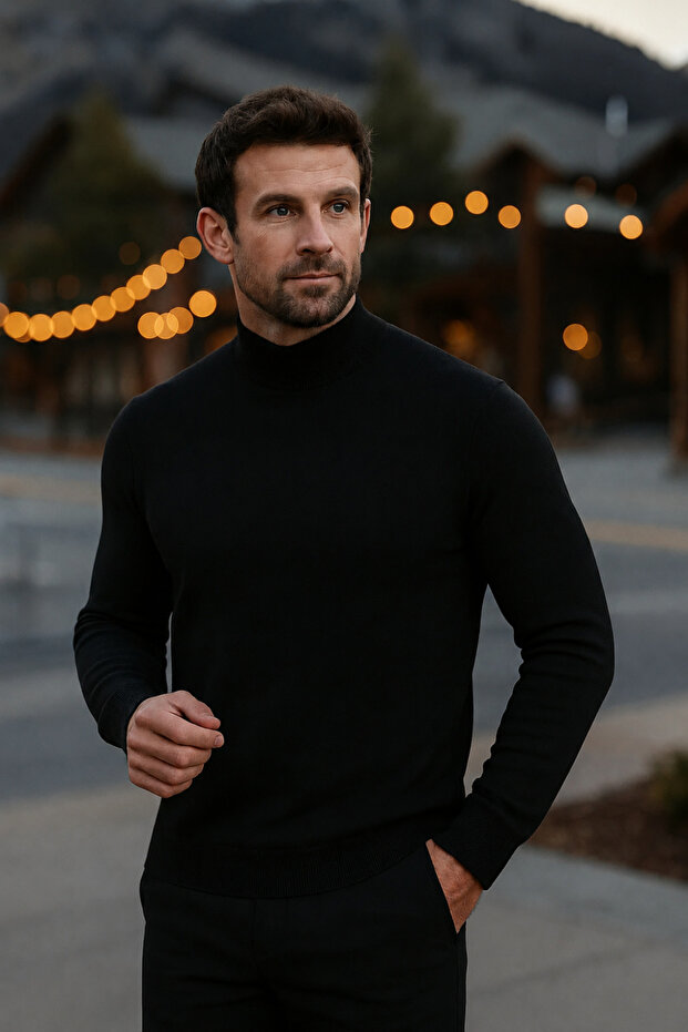 Men's Basic Winter Half-Throat Long Black Sweater