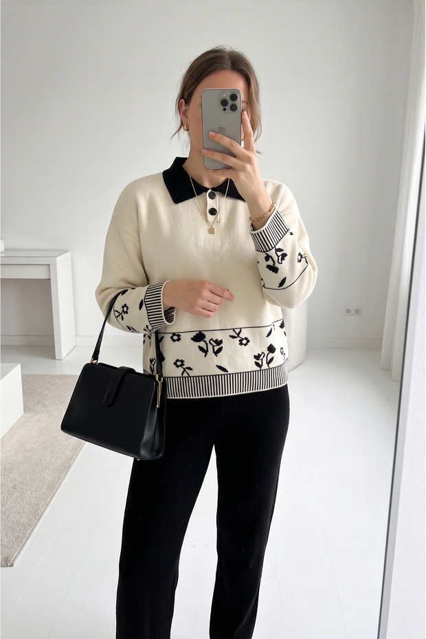 Shirt Collar Floral Pattern Sweater-Pants Women's Knitwear Set