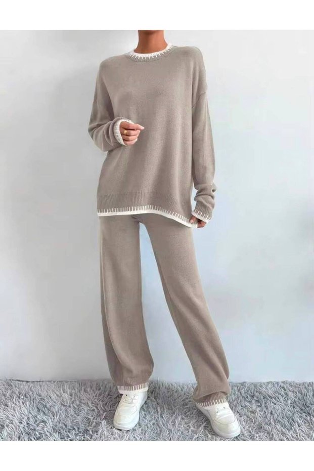 Women's Knitwear Set with Contrast Stitching Detail, Sweater and Pants