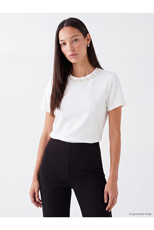 Lcw Everyday White Crew Neck Beaded Embroidered Blouse