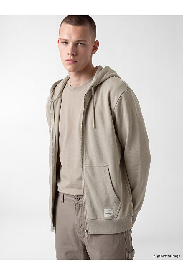 Xside Beige Hooded Men's Zipper Sweatshirt
