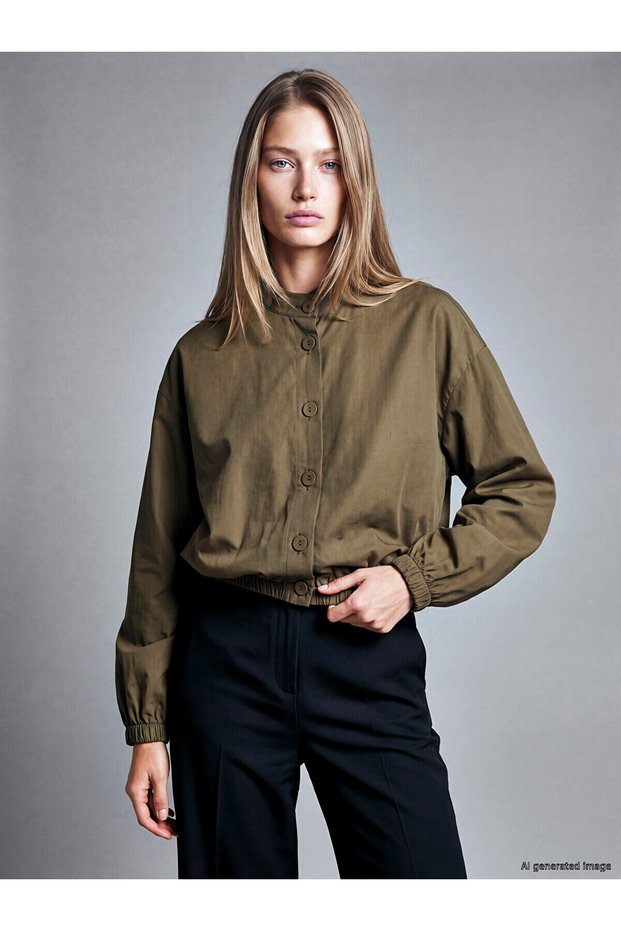 Lcw Vision Khaki Plain Loose & Baggy Women's Jacket with Nevavm Difference