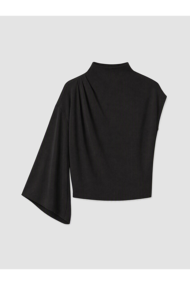 Black Stand Collar Gathered Blouse