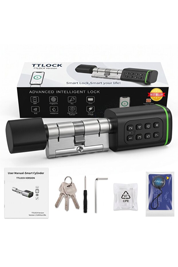 قفل باب ذكي أسود من TTLock مع بصمة الإصبع، تطبيق، رمز مرور، بطاقة IC ومفتاح، دخول آمن للمنزل بدون مفتاح