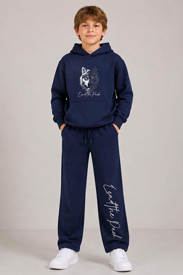 Boy's Hooded Sweatshirt with Wolf Drawing Print on Front and Back, Navy Blue Tracksuit Set