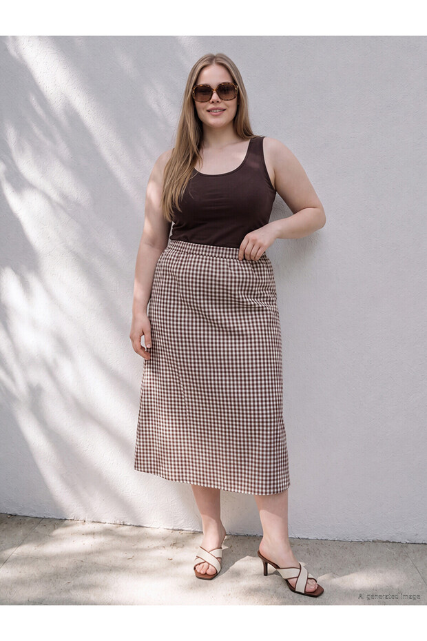 Trendlucky Plaid Patterned A-Line Skirt with Elastic Waist with a Difference in Color