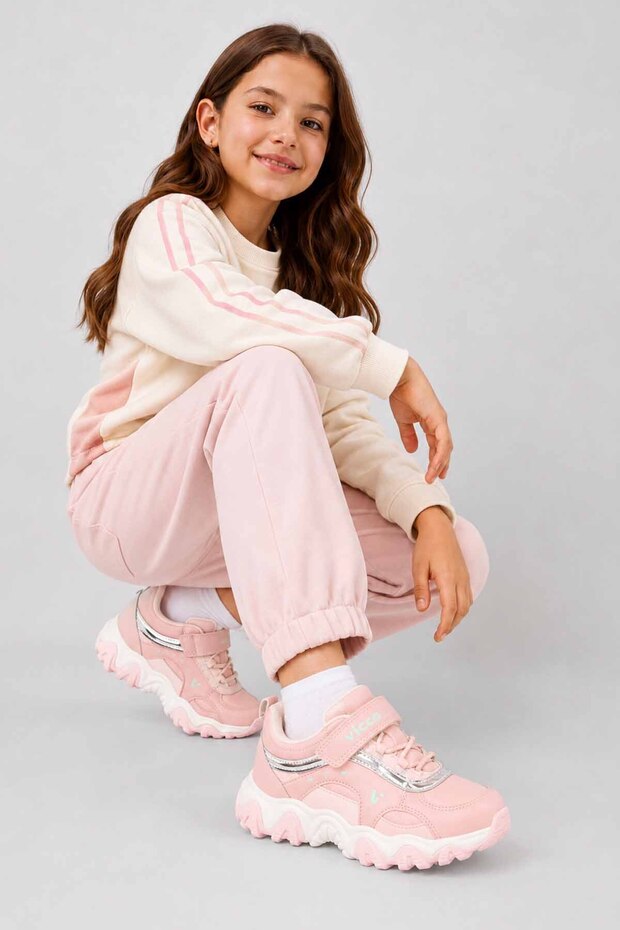 Girl's Powder Sports Shoes with Velcro Flexible Laces and Thick Sole Casual Sneaker