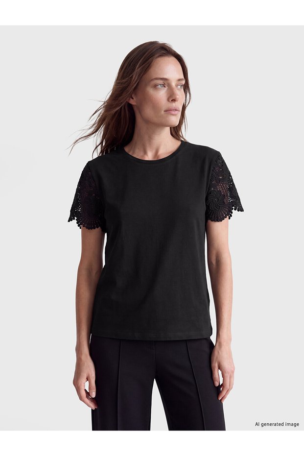 Alita City with a Difference of Color, Lcw Grace Black Combed Cotton Plain Oval Neck Short Sleeve Women's Blouse