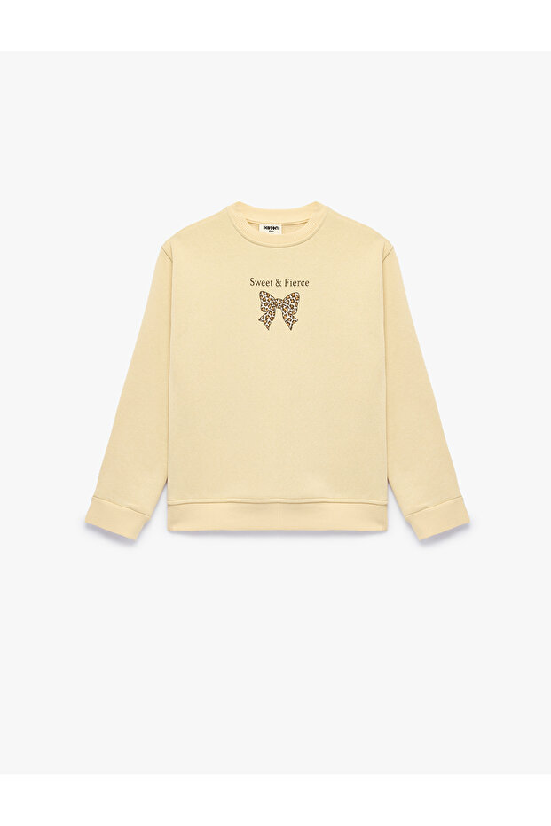Long Sleeve Bowknot Printed Three-Thread Ribbed Crew Neck Sweatshirt
