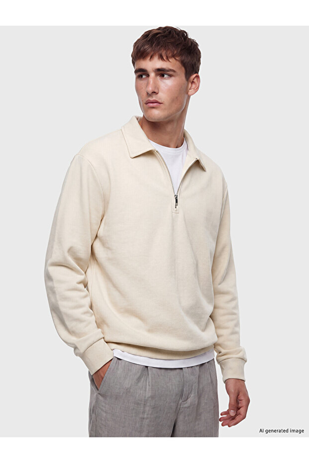 Lcw Vision Beige Polo Collar Men's Sweatshirt