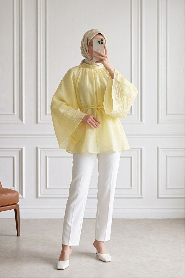 Oversize Hakim Collar Belted Lined Lyocell Tunic - Yellow
