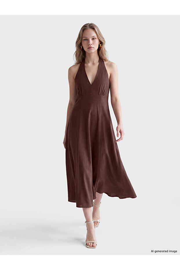 Lcw Vision Brown V-Neck Flared Dress