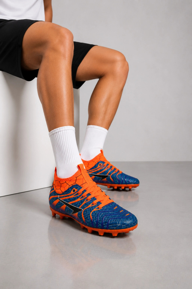 Mfx837 Spiked Turf Soccer Cleats with Socks, Lace-Up Football Sneakers, Navy Blue-Orange