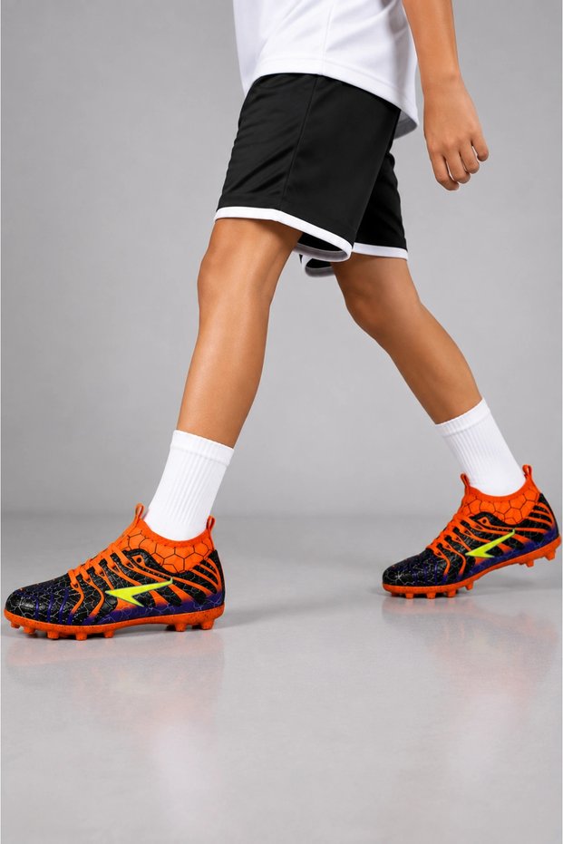 Mfx837 Sock-Style Spiked Turf Soccer Cleats Lace-Up Football Sneakers Black-Orange