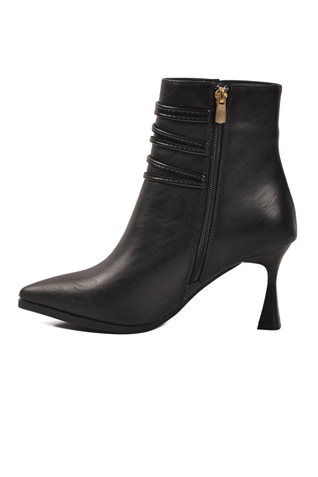 Black Thin Heeled Pointed Toe Strappy Stylish Comfortable Women's Heeled Boots 9652003