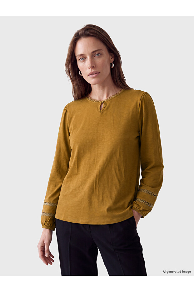 Alita City Lcw Grace Green Combed Cotton Plain Oval Neck Long Sleeve Women's Blouse with a Difference