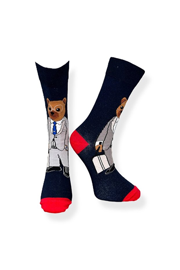 Single Unisex Bear Patterned Navy Blue Socks